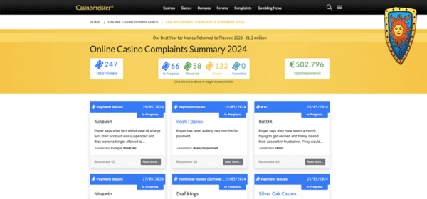 casinomeister player arbitration summary page screenshot