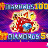 hot diamonds 100 dice slot and hot diamonds 5 dice slot banner by Zeus Play