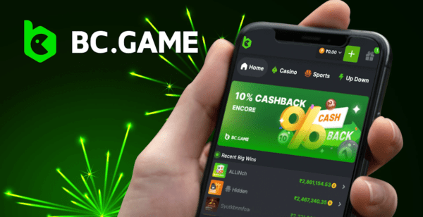 bcgame banner hand holding smartphone with BC.GAME website on it