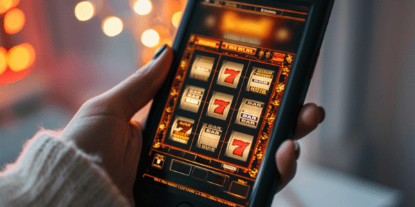 person holding a smartphone with an online slot game on the screen