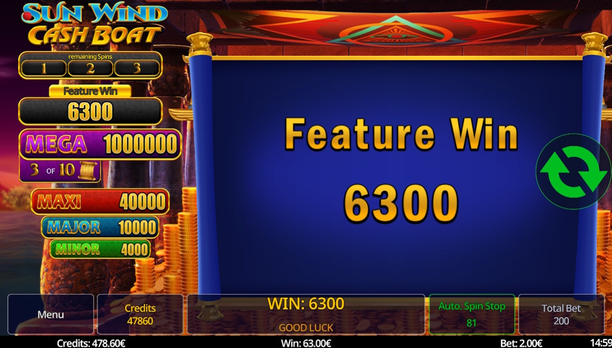 A feature win in Sun Wind Cash Boat by Swintt