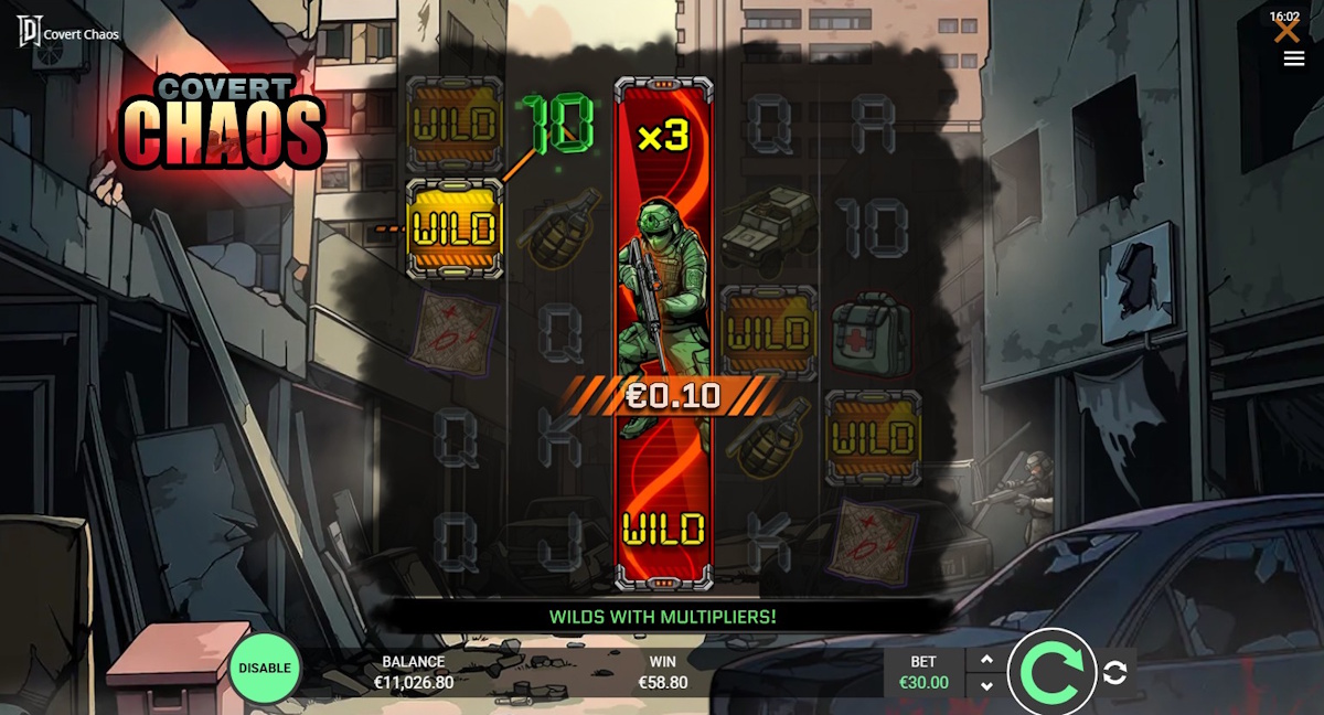 Expanding multiplier wilds in Covert Chaos by Degen Studios