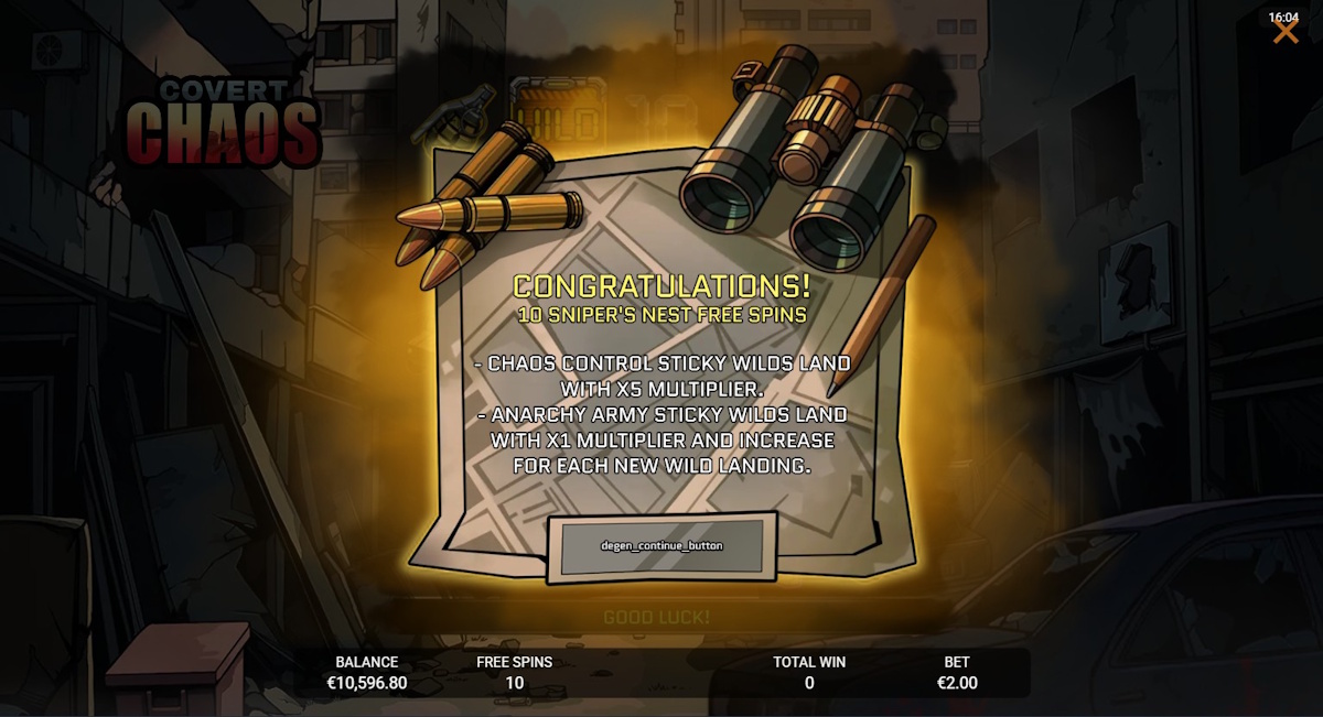 Sniper's nest free spins awarded in Covert Chaos by Degen Studios