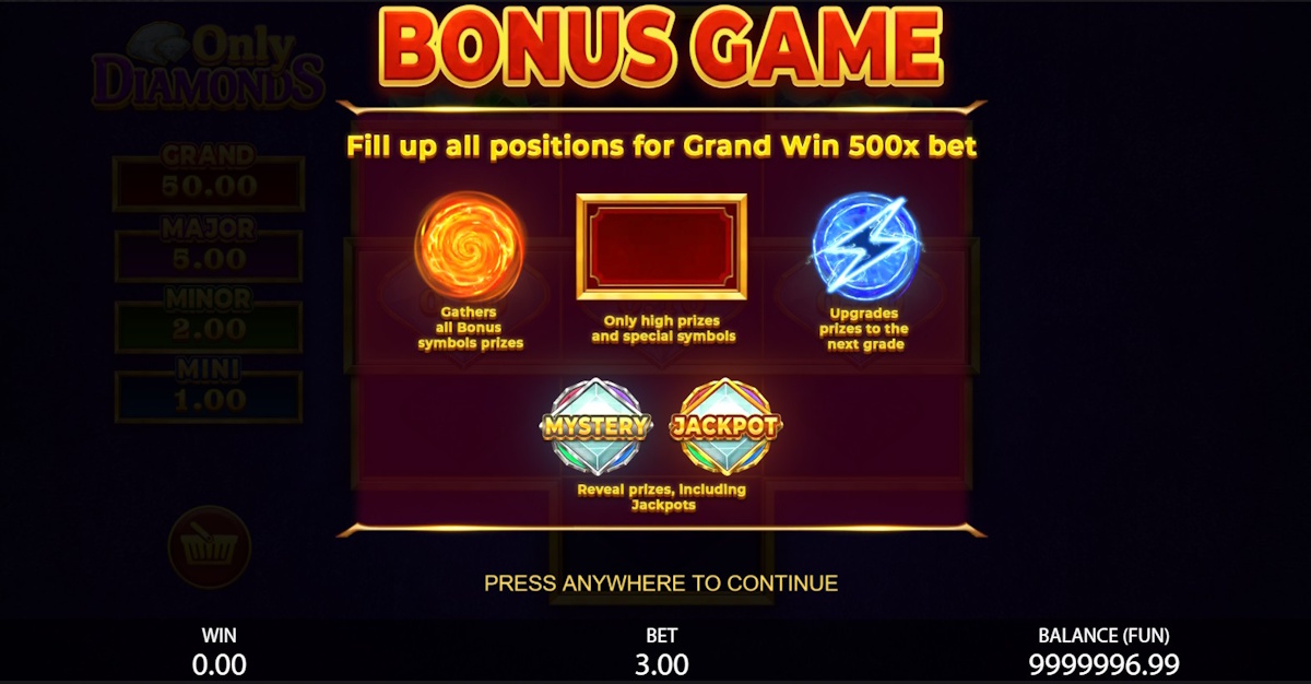 Bonus game won in Only Diamonds by Gamzix