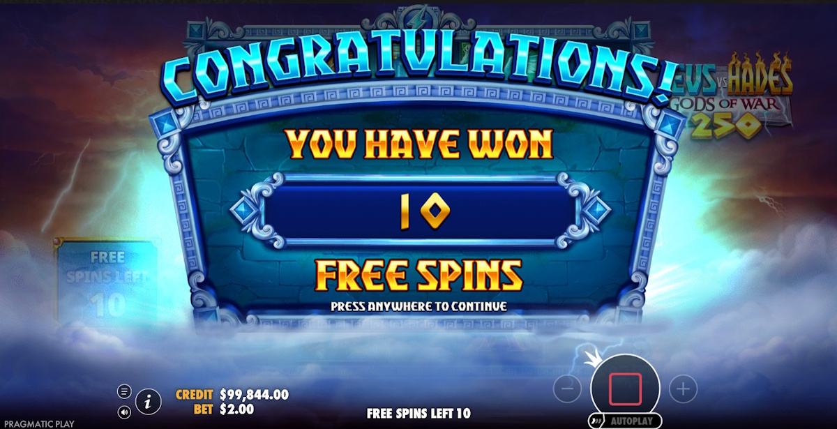 Free spins won in Zeus vs Hades Gods of War 250 by Pragmatic Play