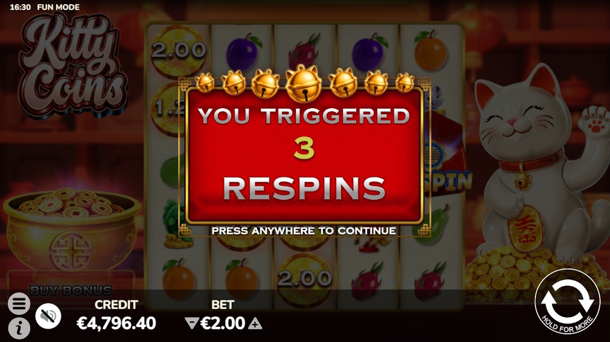 Respins triggered in Kitty Coins by Atomic Slot Lab