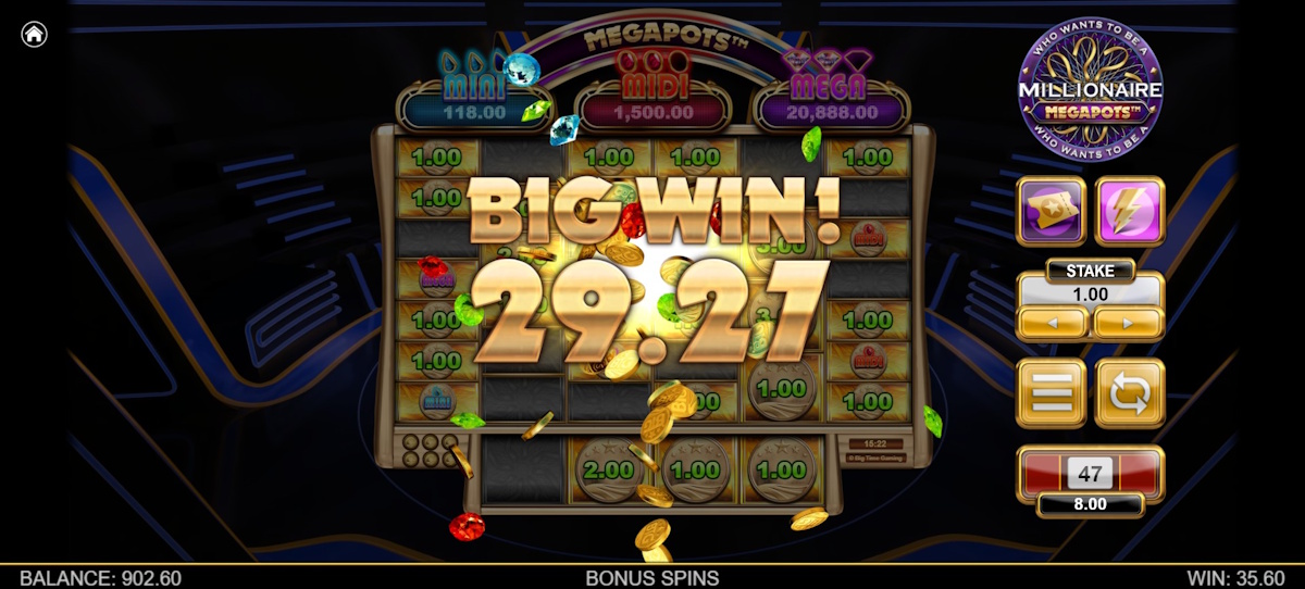 A big win in Millionaire Megapots by Big Time Gaming