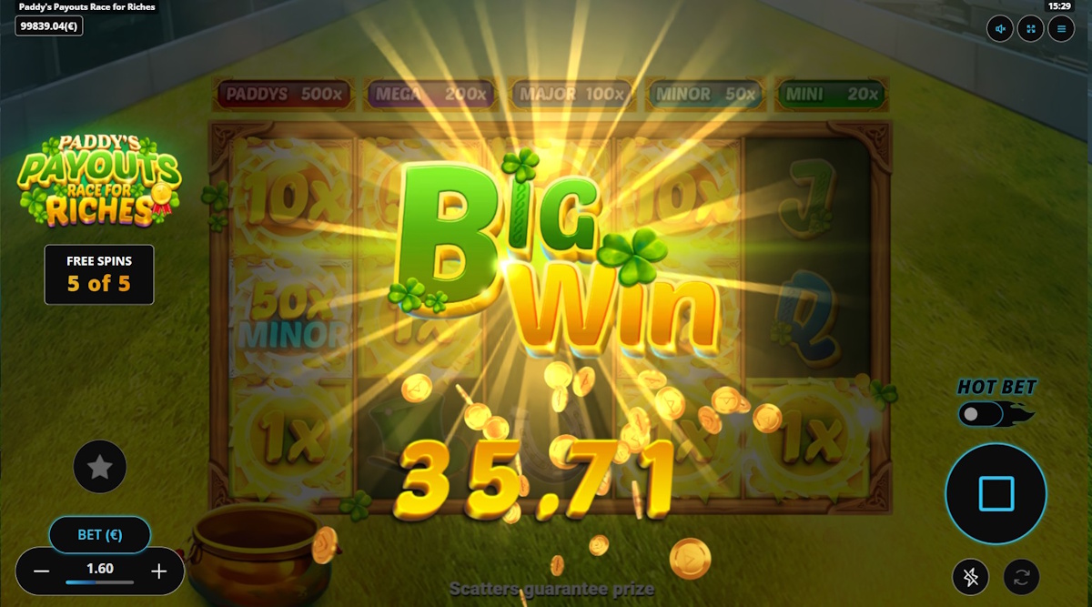 A big win in Paddy's Payouts Race for Riches by Gaming Corps