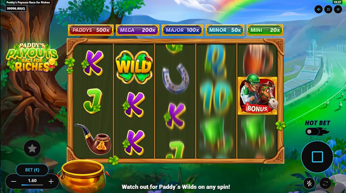 Base game in Paddy's Payouts Race for Riches by Gaming Corps