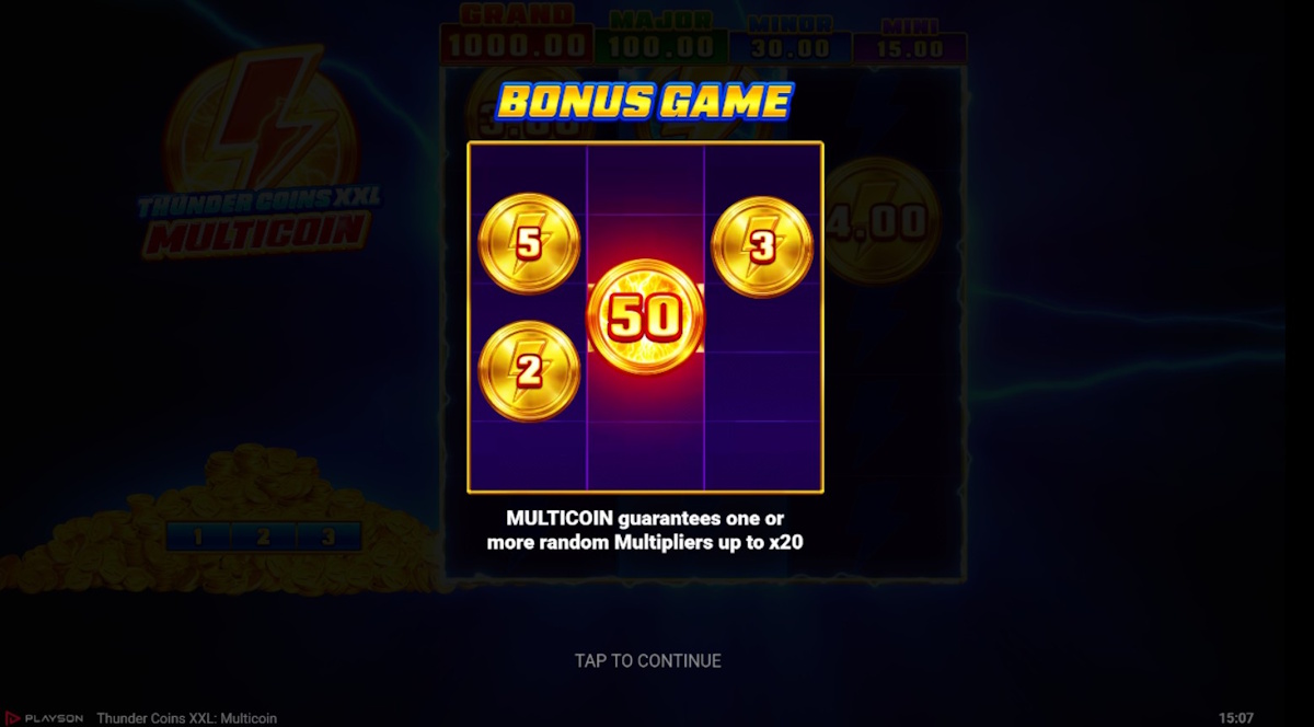 Bonus game awarded in Thunder Coins XXL MULTICOIN by Playson