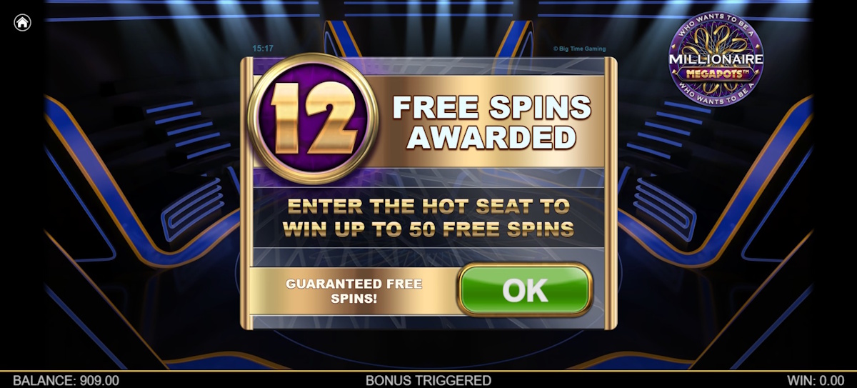 Free spins awarded in Millionaire Megapots by Big Time Gaming