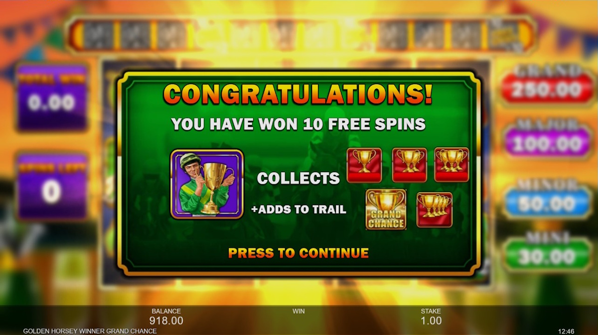 Free spins won in Golden Horsey Winner Grand Chance™ by Inspired