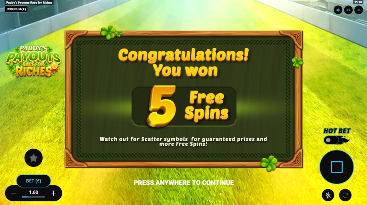 Free spins won in Paddy's Payouts Race for Riches by Gaming Corps
