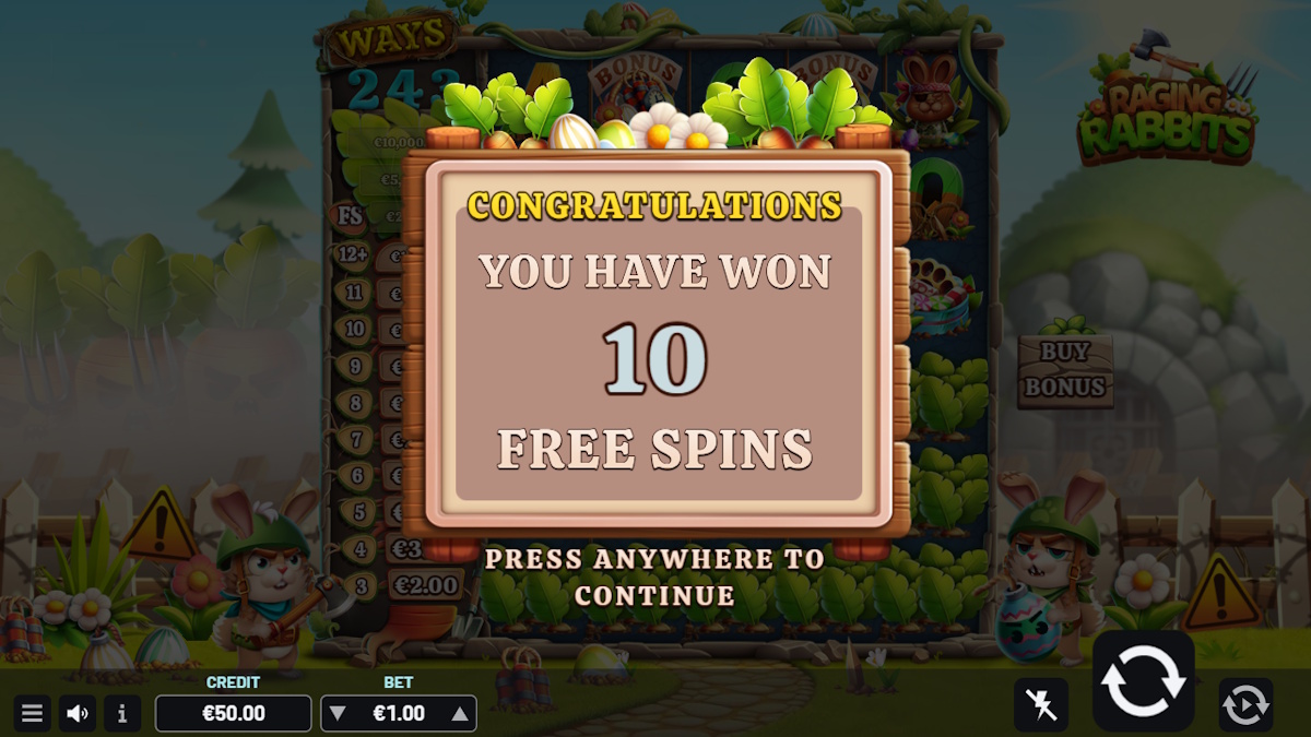 Free spins won in Raging Rabbits by Indigo Magic