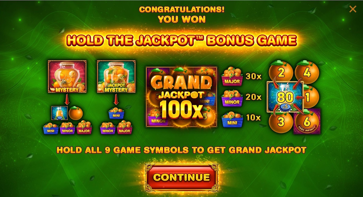 Hold the Jackpot™ bonus round won in Magic Fruit$ Oranges by Wazdan