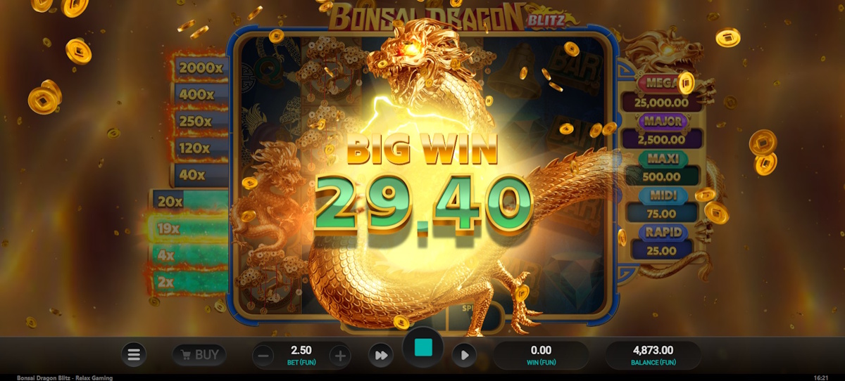 A big win in Bonsai Dragon Blitz by Relax Gaming