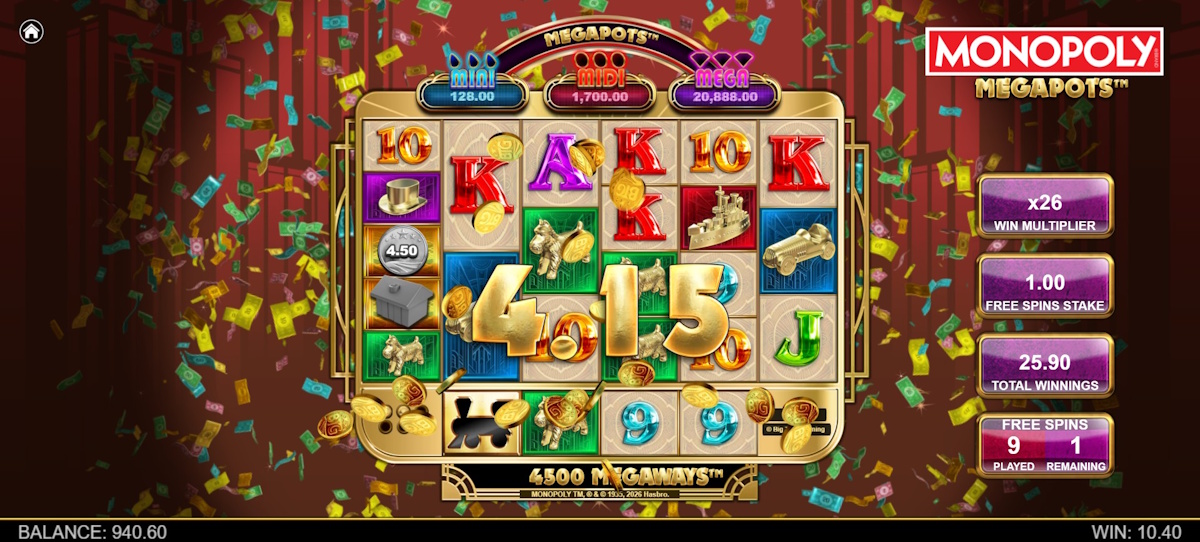 A win in Monopoly Megapots™ by Big Time Gaming