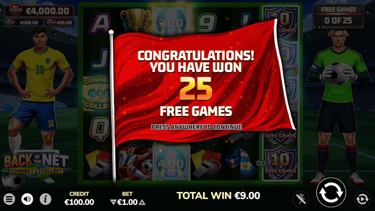 Free games won in Back of the Net by Atomic Slot Lab