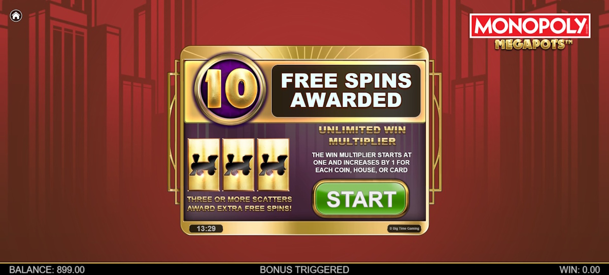 Free spins awarded in Monopoly Megapots™ by Big Time Gaming