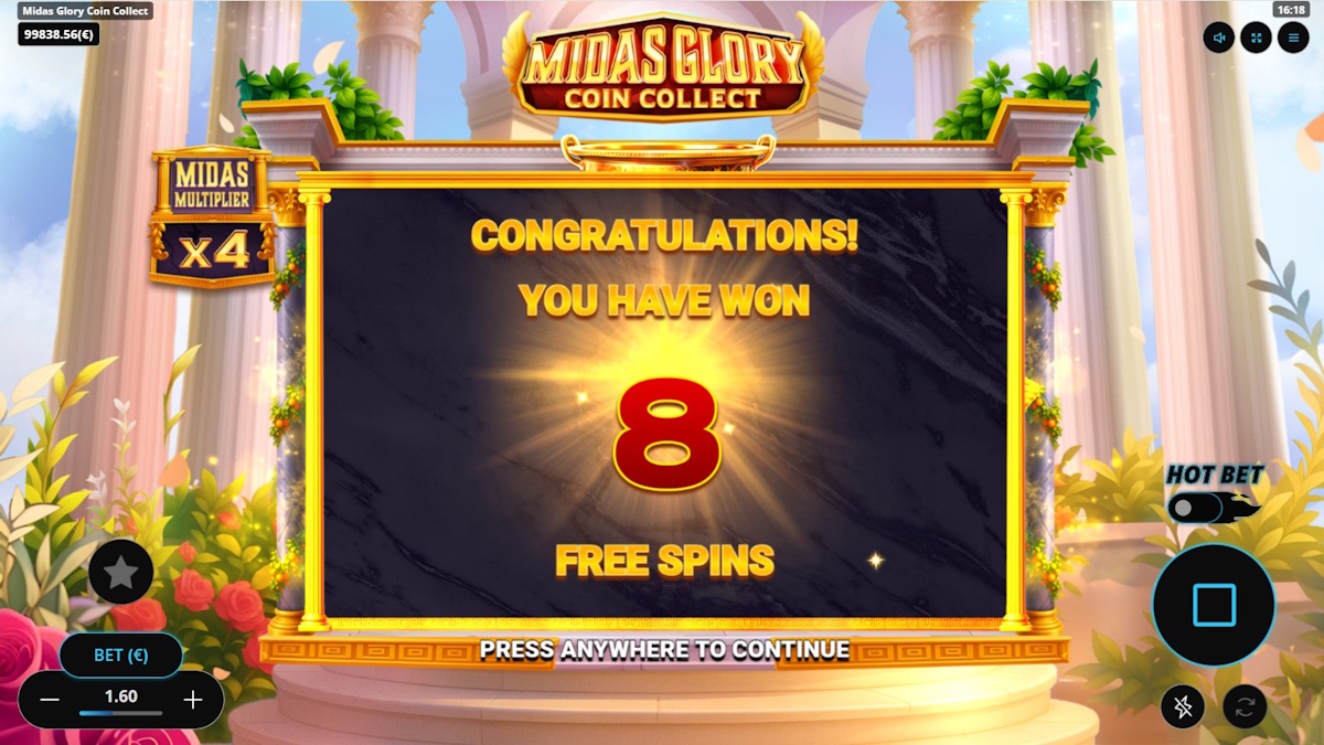 Free spins won in Midas Glory Coin Collect by Gaming Corps