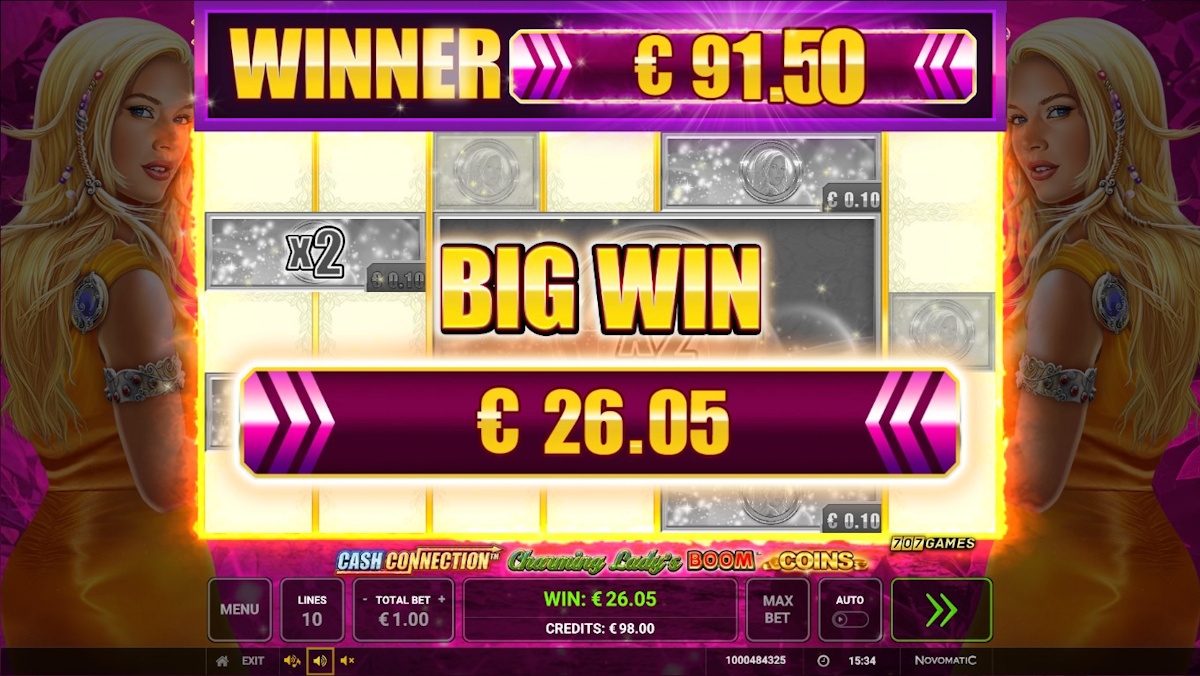 A big win in Cash Connection™ Charming Lady’s Boom™ Coins by Greentube
