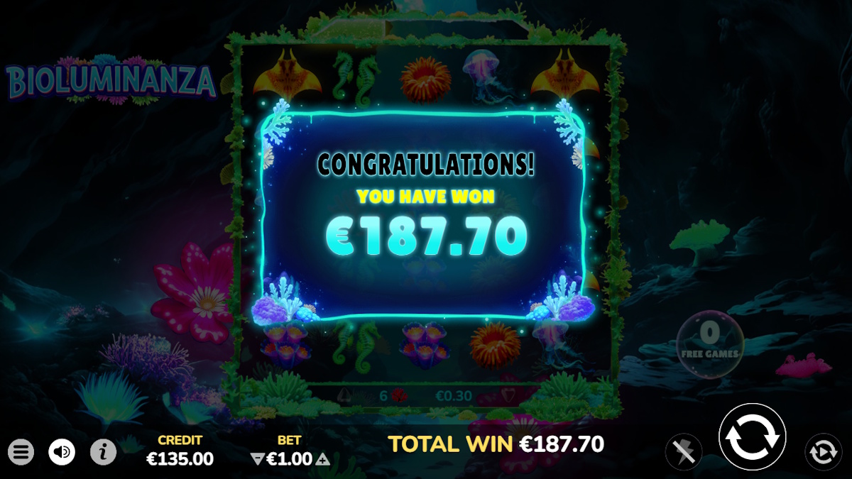 A win in Bioluminanza by Atomic Slot Lab