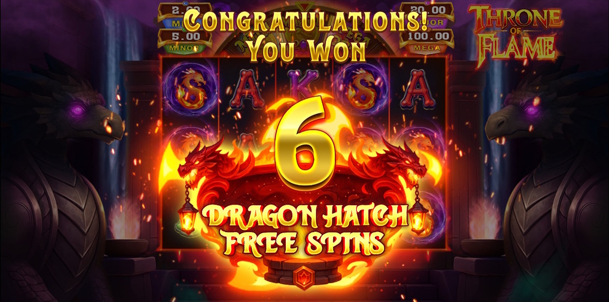 Dragon hatch free spins won in Throne of Flame by Stakelogic