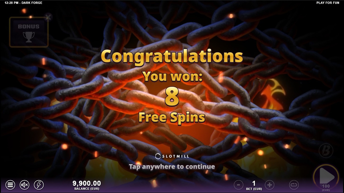 Free spins won in Dark Forge by Slotmill