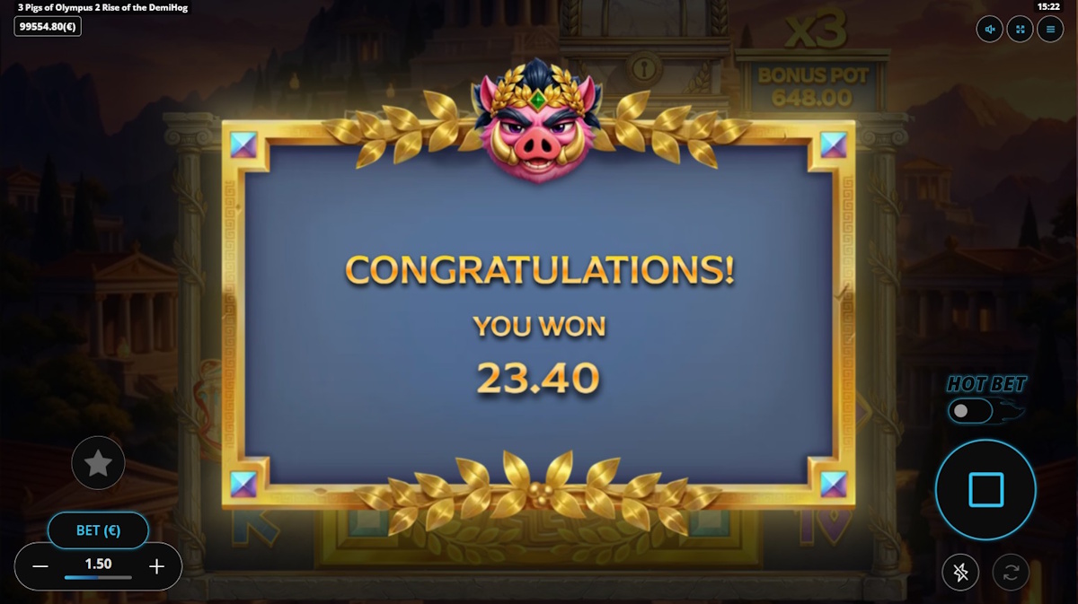 A win in 3 Pigs of Olympus 2 Rise of the DemiHog by Gaming Corps