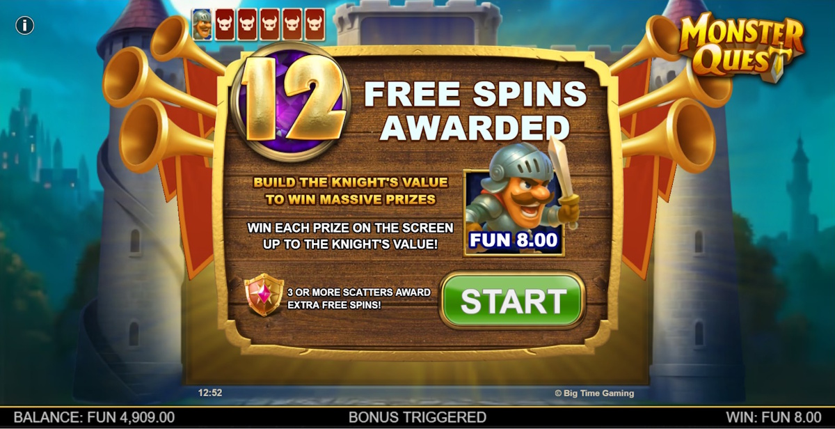 Free spins awarded in Monster Quest by Big Time Gaming