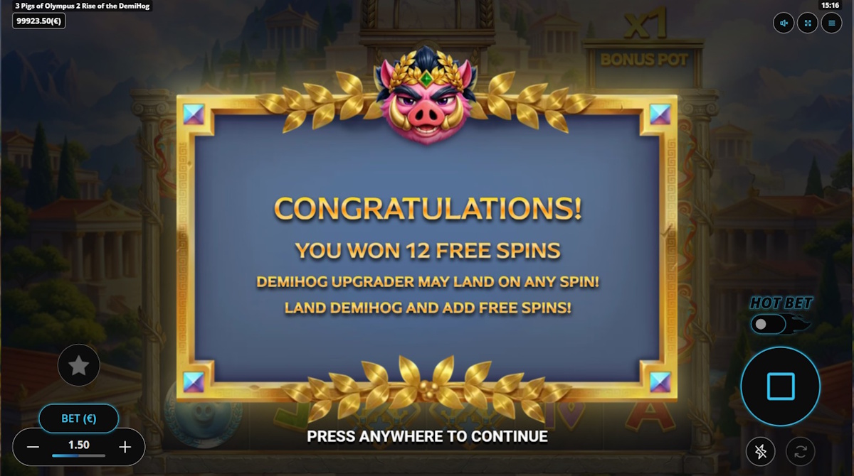 Free spins won in 3 Pigs of Olympus 2 Rise of the DemiHog by Gaming Corps