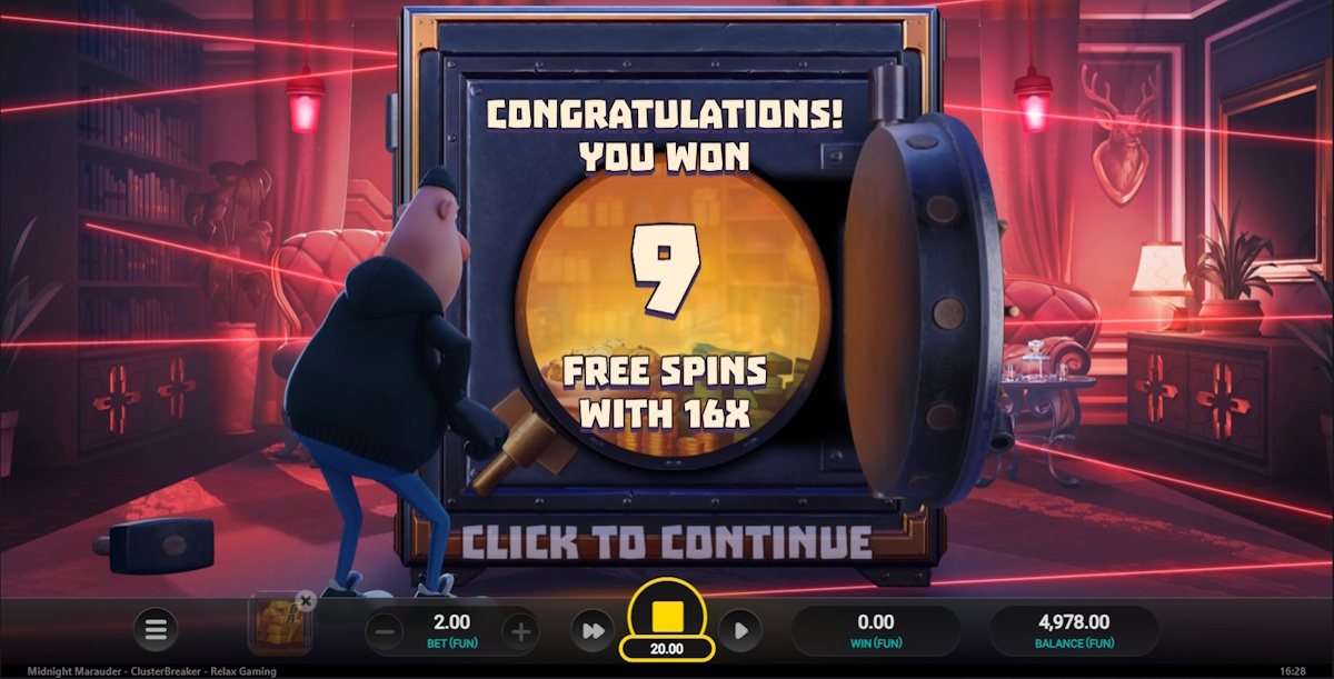 Free spins won in Midnight Marauder ClusterBreaker by Relax Gaming