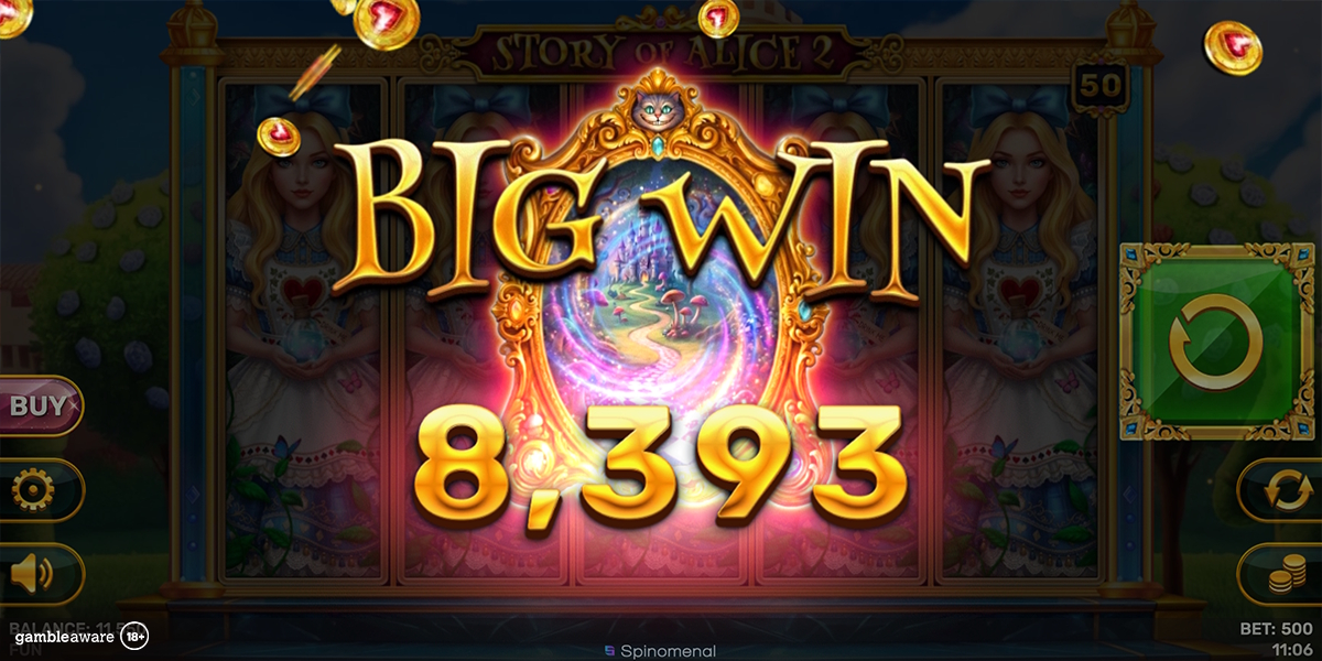 big win screen on story of alice slot 2 by spinomenal