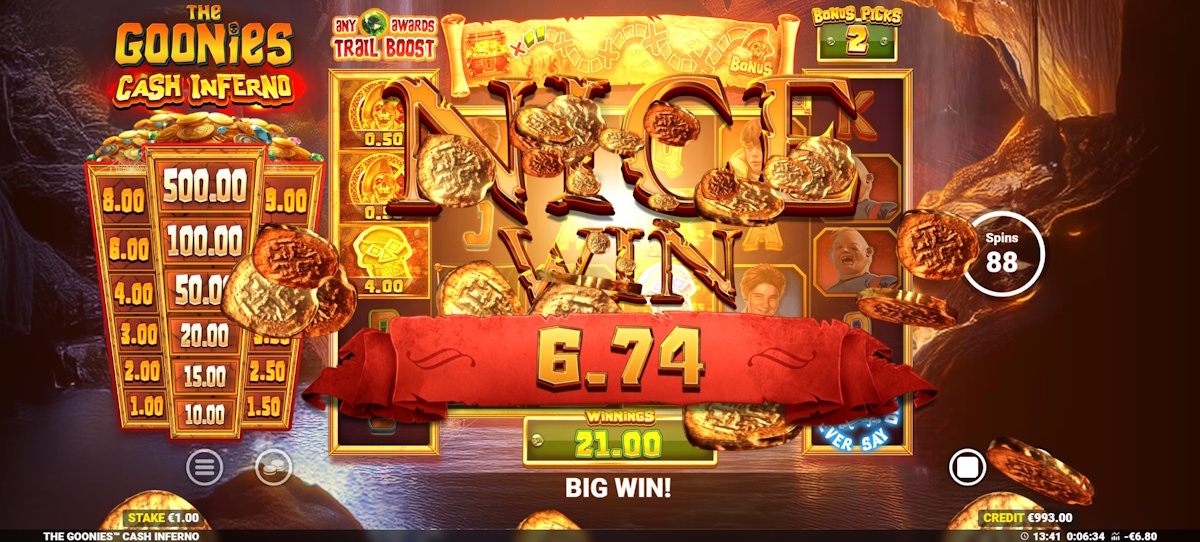 A win in The Goonies Cash Inferno by Blueprint Gaming