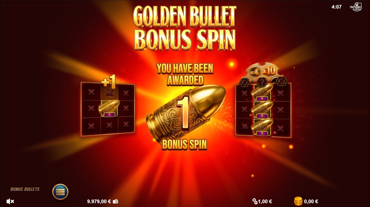 Golden bullet bonus spin awarded in Bonus Bullets by Fantasma Games