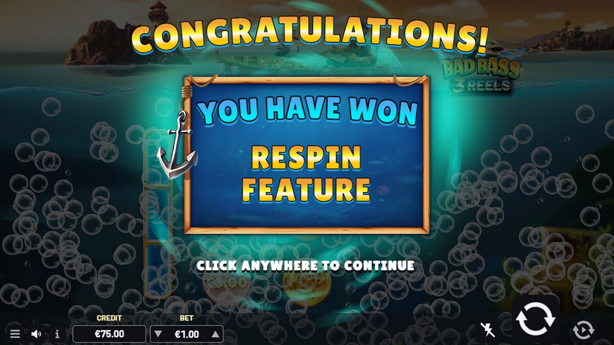 Respin feature won in Bad Bass 3 Reels by Indigo Magic
