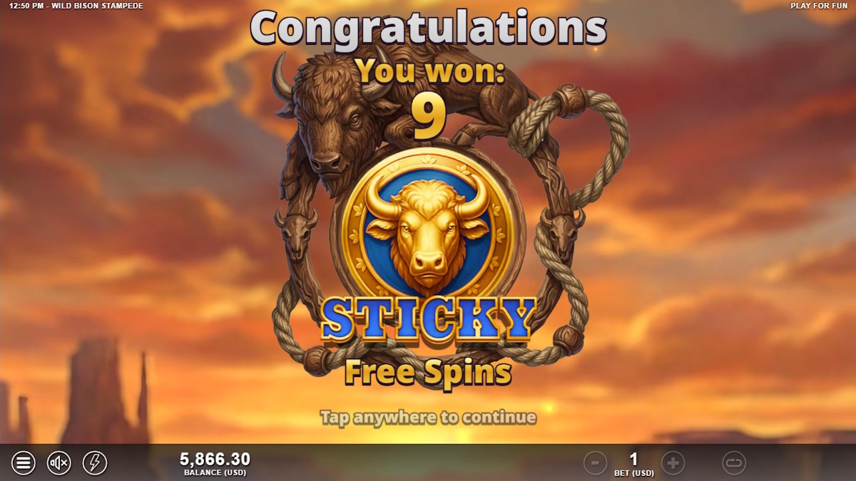Sticky free spins won in Wild Bison Stampede by Slotmill