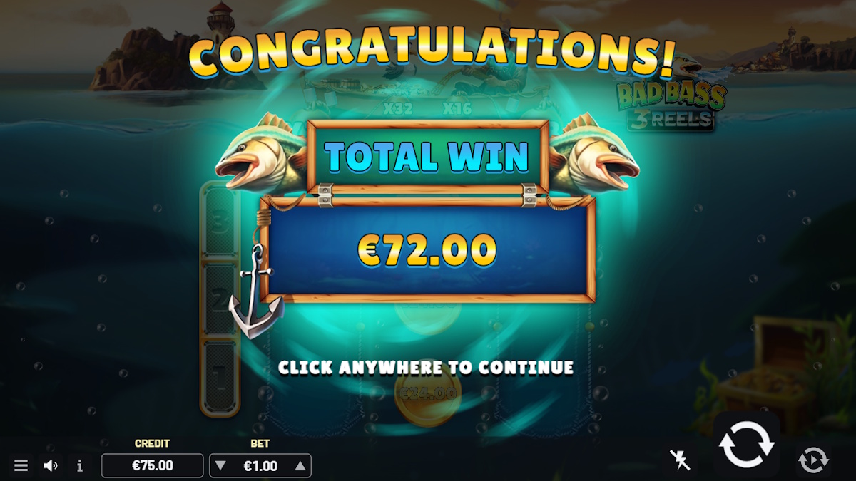 Total win in Bad Bass 3 Reels by Indigo Magic