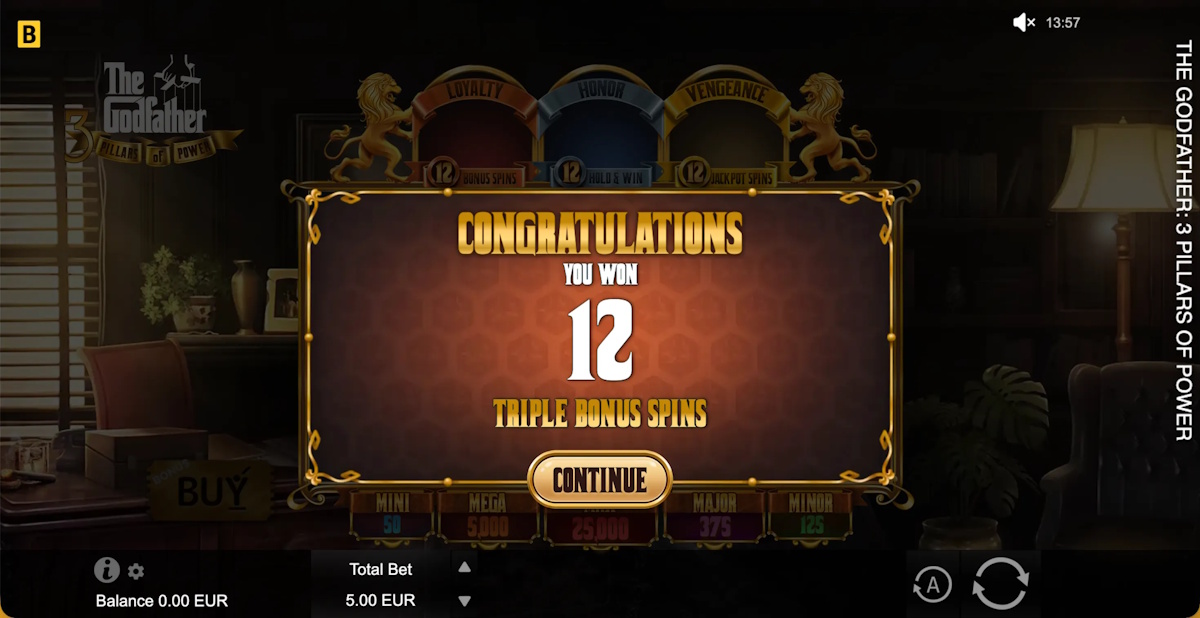 Triple bonus spins awarded in The Godfather 3 Pillars of Power by BGaming