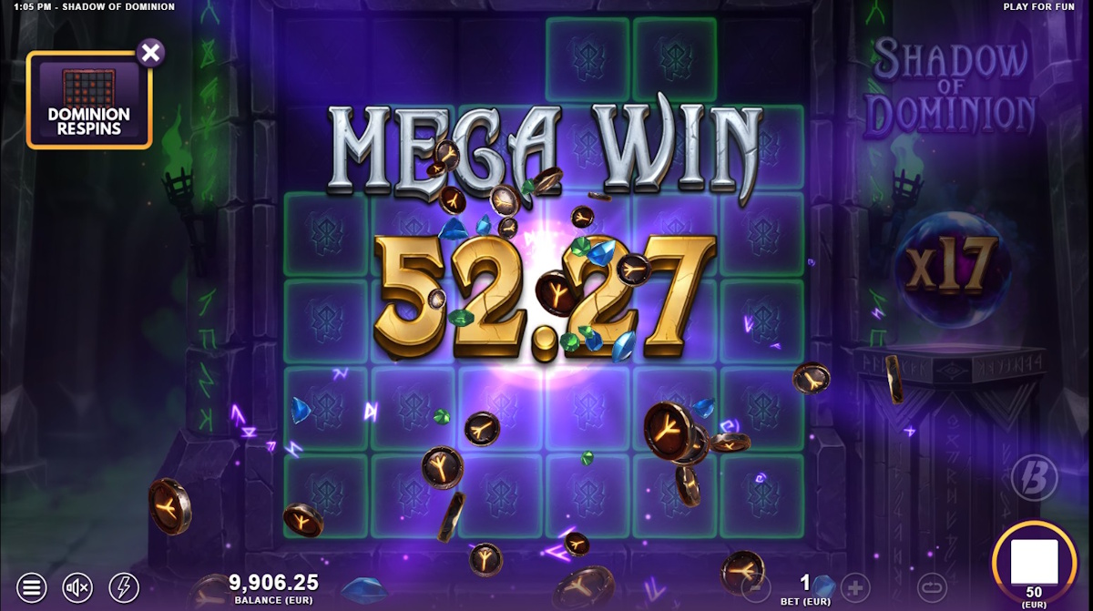 Mega Win screen from Shadow of Dominion slot; large gold 52.97 with coins flying over a glowing purple-green tile grid.