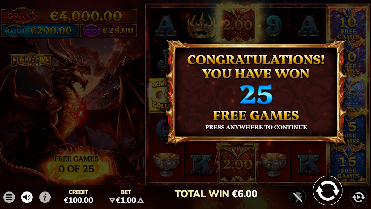 Free games won in Flight of Fire by Atomic Slot Lab