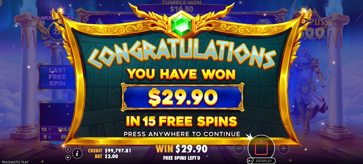 A win in Gates of Olympus by Pragmatic Play
