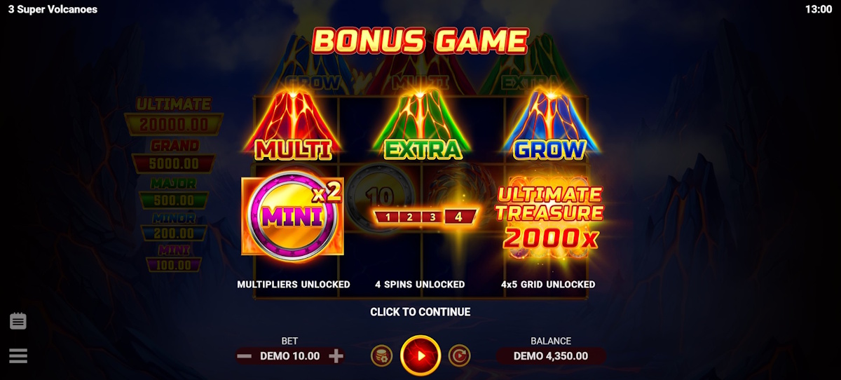 Bonus game awarded in 3 Super Volcanoes by Evoplay