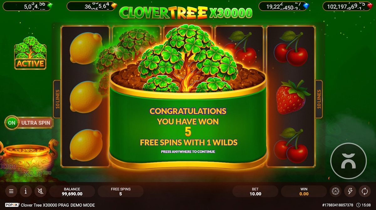 Free spins won in Clover Tree x30000 Prag by PopOK Gaming