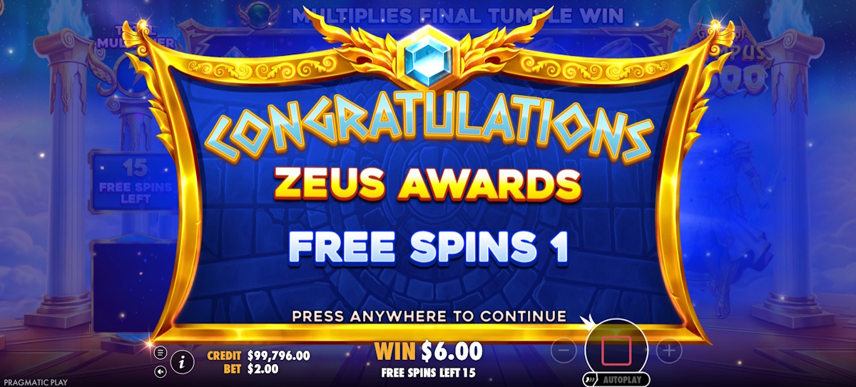 Free spins won in Gates of Olympus by Pragmatic Play