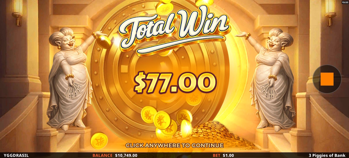 Total win in 3 Piggies of Bank by Yggdrasil