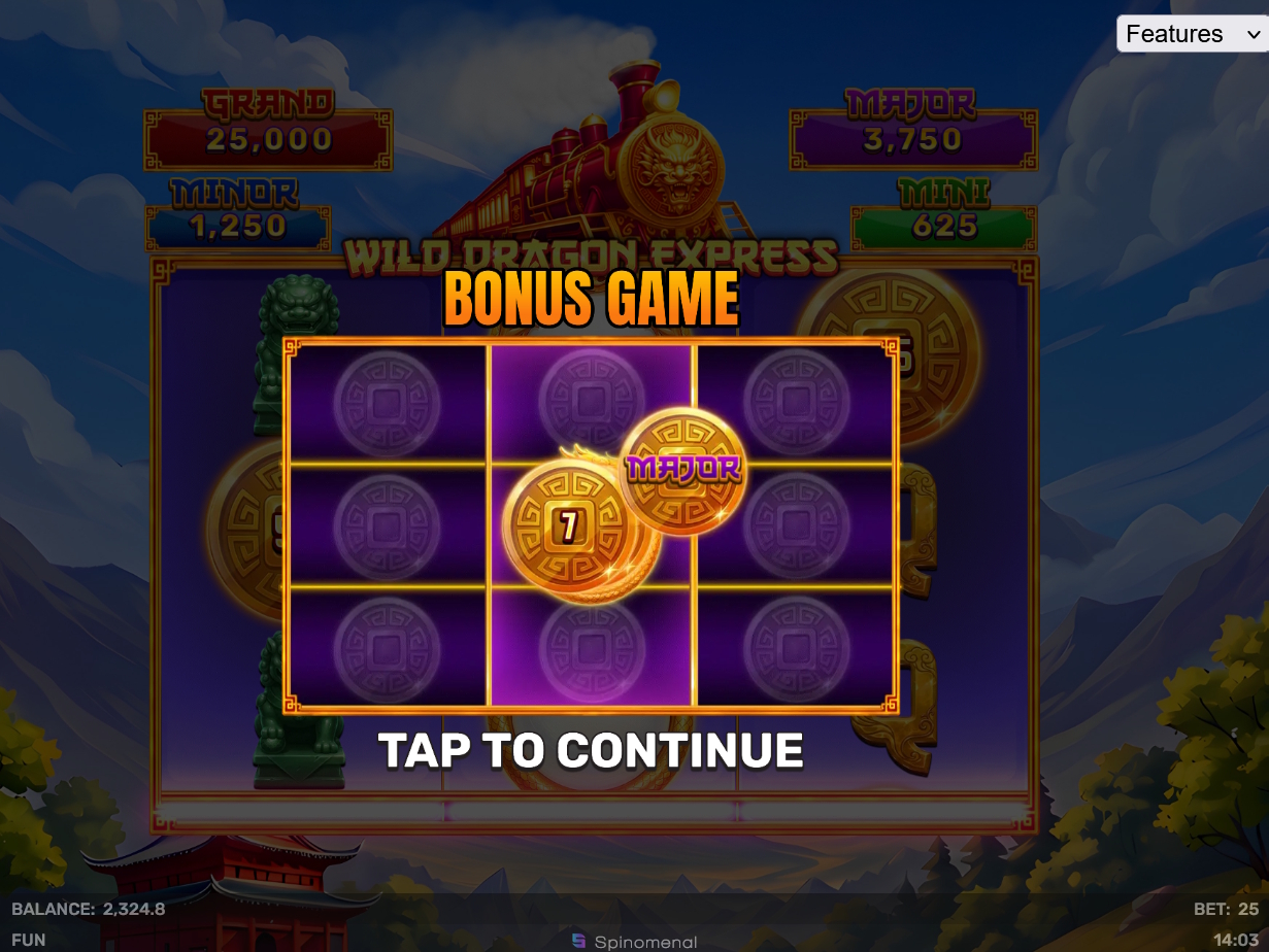 Bonus game screen for wild dragon express hold and hit 3x3 slot by spinomenal
