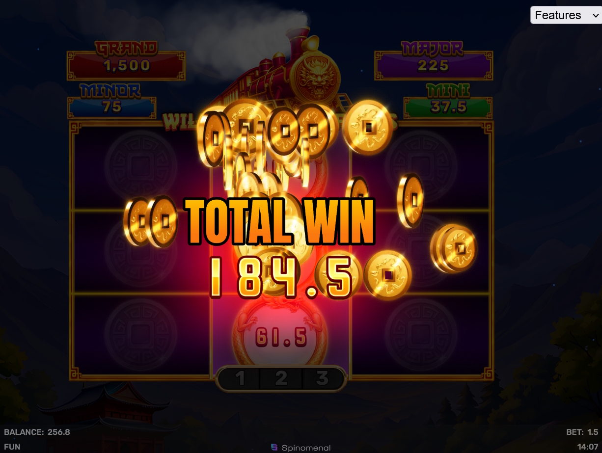 Big win screen for wild dragon express hold and hit 3x3 slot by spinomenal